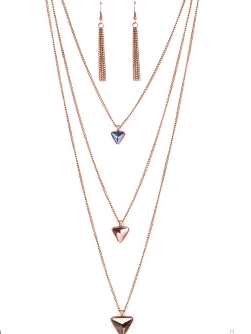 Rose Gold Layered Triangle Pendant Necklace and Tassel Earrings Set